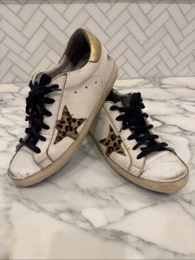 Golden Goose Leather Sneakers with Leopard Star and Gold heel